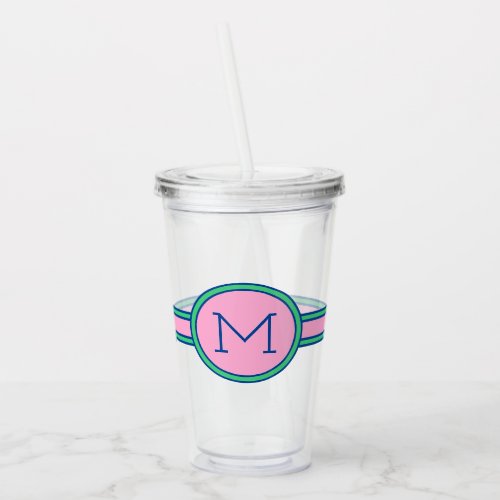 Preppy Pink Green and Navy Blue Monogram Acrylic Tumbler