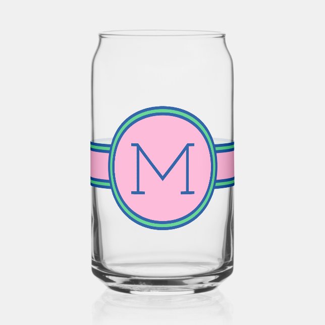 Preppy Pink Green and Navy Blue Monogram Can Glass (Left)