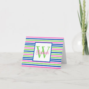 Preppy Pink Green and Navy Blue Stripe Monogram Note Card