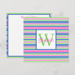 Preppy Pink Green and Navy Blue Stripe Monogram Note Card