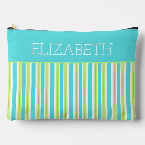 Preppy Pink Green and Turquoise Stripe Monogram Accessory Pouch