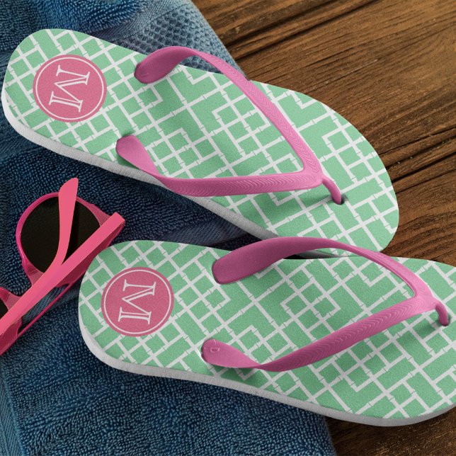 Preppy Pink & Green Bamboo Lattice Monogram Flip Flops (Creator Uploaded)