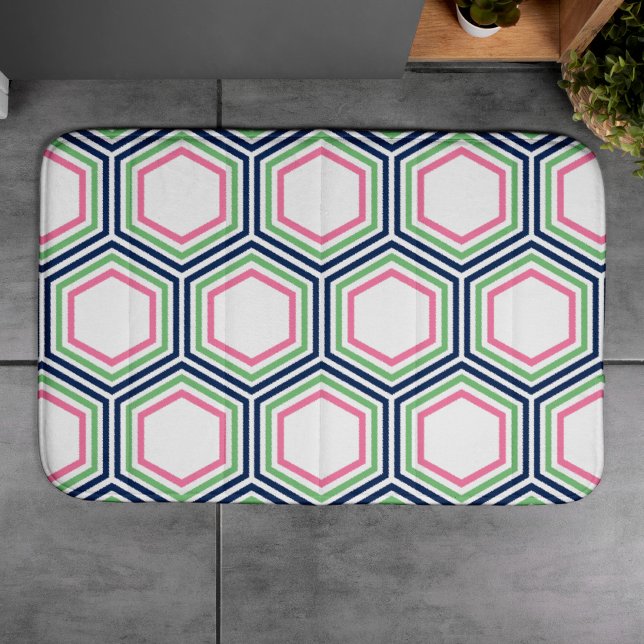 Preppy Pink Green Blue Geometric Pattern Bathroom Mat (Creator Uploaded)