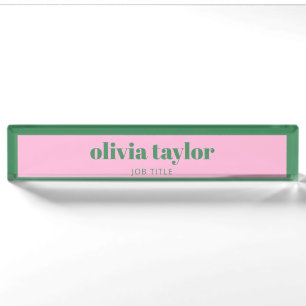Preppy Pink Green Bold Name Modern Workspace Desk Name Plate