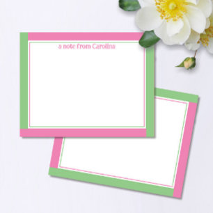 Preppy Pink & Green Border Custom Name Stationery Note Card