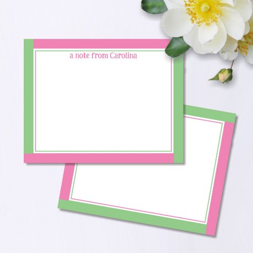 Preppy Pink  Green Border Custom Name Stationery Note Card