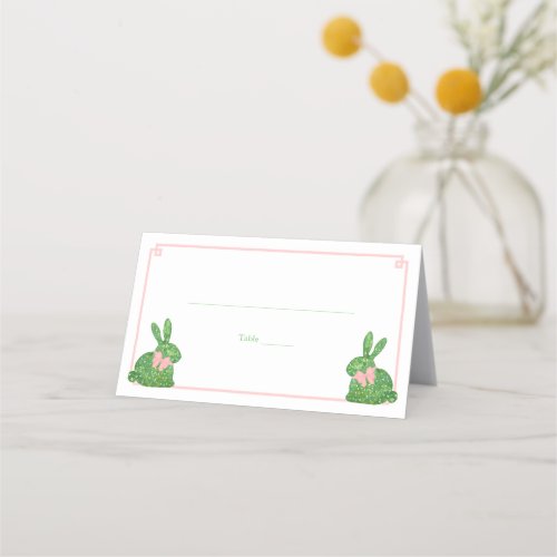 Preppy Pink Green Boxwood Rabbit Easter Brunch  Place Card