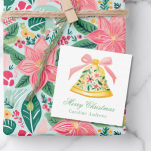 Preppy Pink & Green Christmas Bell Gift Enclosure Note Card