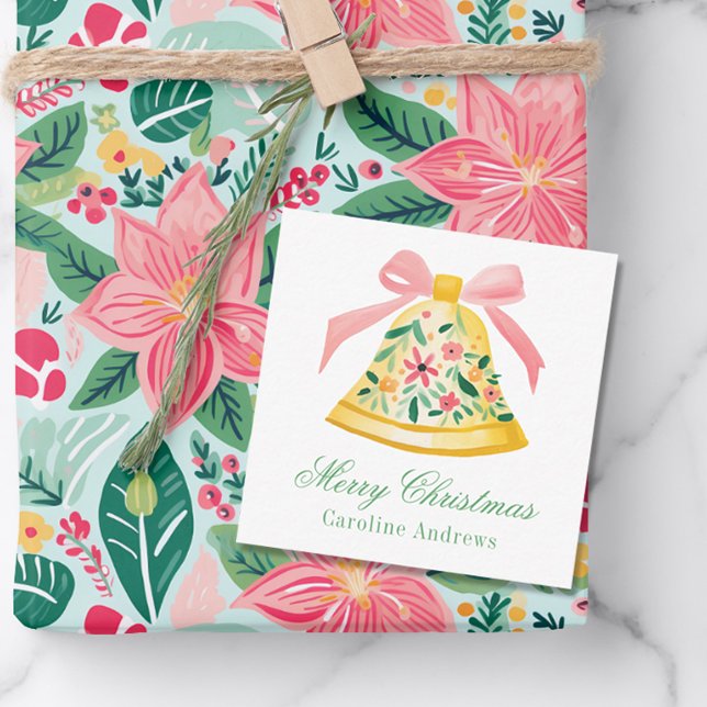 Preppy Pink & Green Christmas Bell Gift Enclosure Note Card (Creator Uploaded)
