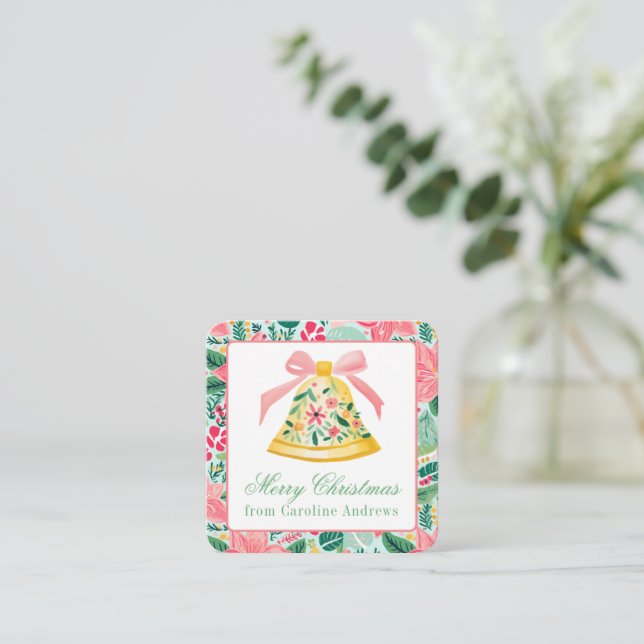 Preppy Pink & Green Christmas Bell Gift Enclosure Note Card (Standing Front)