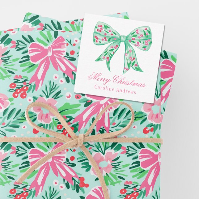 Preppy Pink & Green Christmas Bow Gift Enclosure Note Card (Creator Uploaded)