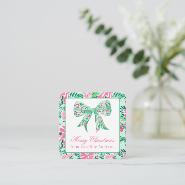 Preppy Pink & Green Christmas Bow Gift Enclosure Note Card (Standing Front)