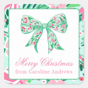 Preppy Pink & Green Christmas Bow Gift Square Sticker