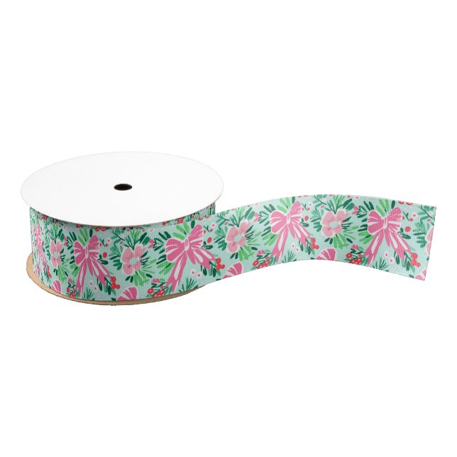 Preppy Pink & Green Christmas Bows & Garland Grosgrain Ribbon (Spool)