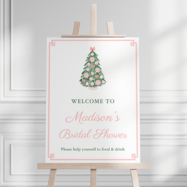 Preppy Pink Green Christmas Bridal Shower Welcome Foam Board (Preppy pink and green chinoiserie maximalist Christmas tree bridal shower welcome sign)