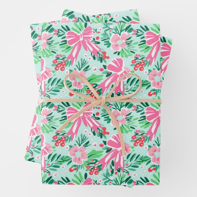 Preppy Pink & Green Christmas Flowers & Bows Wrapping Paper Sheets (In situ)