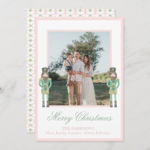 Preppy Pink Green Christmas Nutcracker 2 Photos Holiday Card