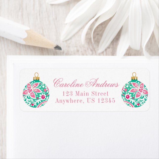 Preppy Pink & Green Christmas Ornament Address Label (Insitu)