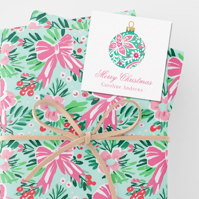 Preppy Pink & Green Christmas Ornament Enclosure Note Card (Creator Uploaded)