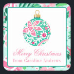 Preppy Pink & Green Christmas Ornament Gift Square Sticker<br><div class="desc">PreppyPrint.com - Celebrate Christmas in style! Add your personalized touch. Transfer this design onto the products of your choice too! Please visit my designer store,  PreppyPrint.com,  for coordinating items.</div>