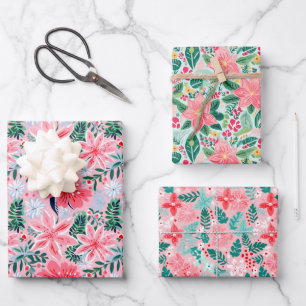 Preppy Pink & Green Christmas Poinsettias & Bows Wrapping Paper Sheets