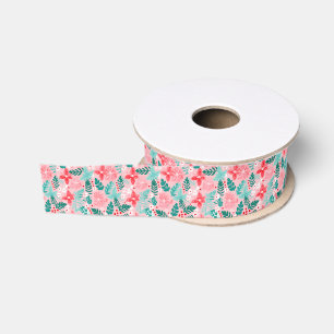 Preppy Pink & Green Christmas Poinsettias Grosgrain Ribbon