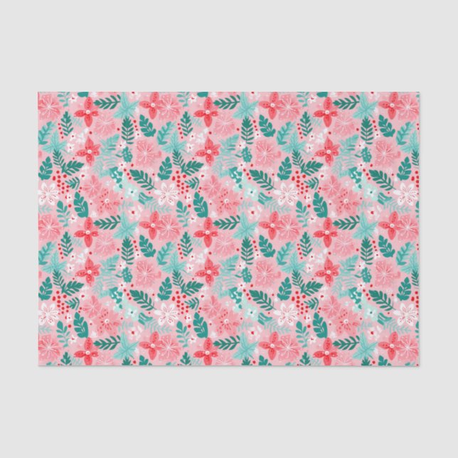 Preppy Pink & Green Christmas Poinsettias Tissue Paper (Front)