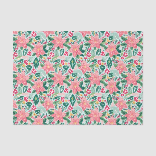 Preppy Pink & Green Christmas Poinsettias Tissue Paper (Front)