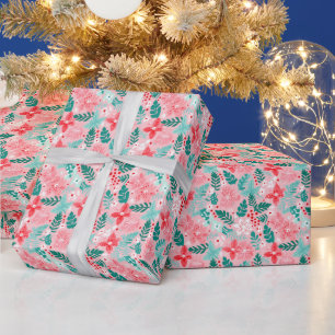 Preppy Pink & Green Christmas Poinsettias Wrapping Paper