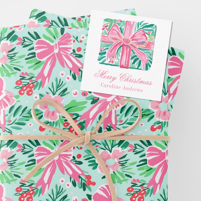 Preppy Pink & Green Christmas Present Enclosure Note Card (Creator Uploaded)