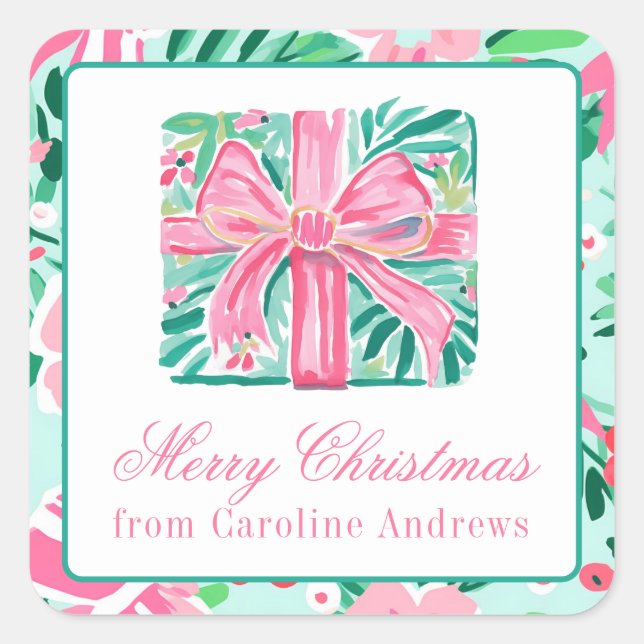 Preppy Pink & Green Christmas Present Gift Square Sticker (Front)