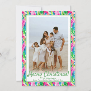 Preppy Pink & Green Christmas Tree Custom Photo Holiday Card