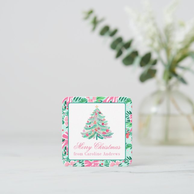 Preppy Pink & Green Christmas Tree Gift Enclosure Note Card (Standing Front)