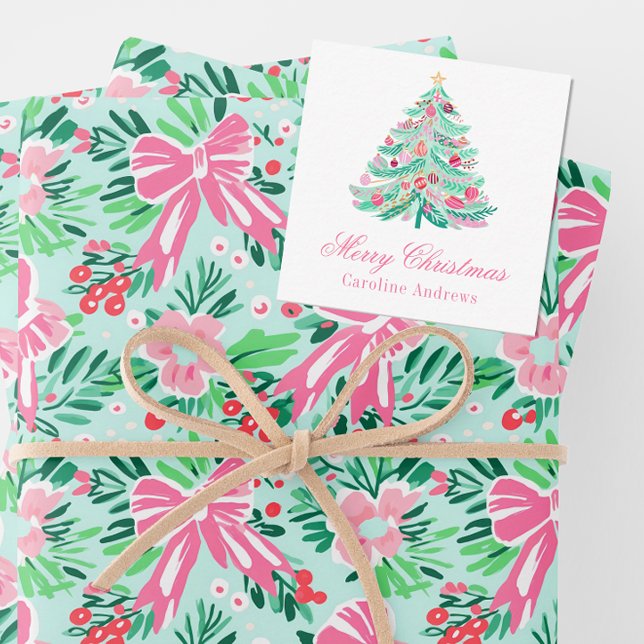 Preppy Pink & Green Christmas Tree Gift Enclosure Note Card (Creator Uploaded)