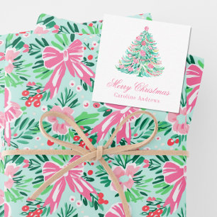 Preppy Pink & Green Christmas Tree Gift Enclosure Note Card