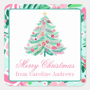 Preppy Pink & Green Christmas Tree Gift Square Sticker