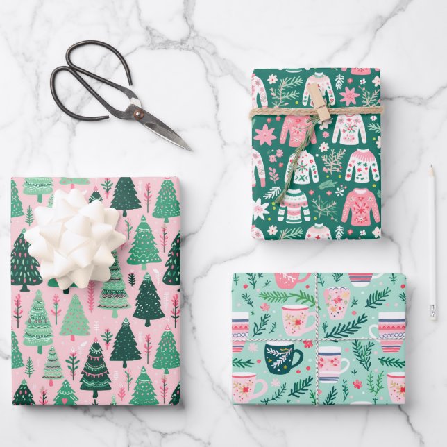 Preppy Pink & Green Christmas Tree Mug & Sweater Wrapping Paper Sheets (Front)