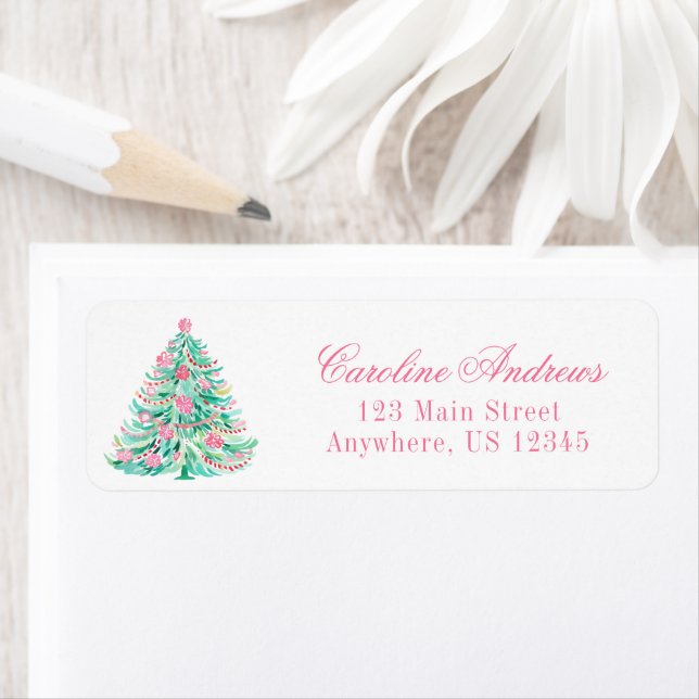 Preppy Pink & Green Christmas Tree Return Address Label (Insitu)