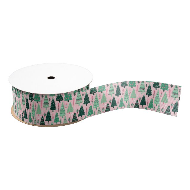 Preppy Pink & Green Christmas Trees Grosgrain Ribbon (Spool)