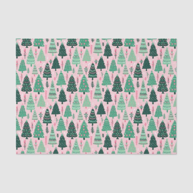 Preppy Pink & Green Christmas Trees Tissue Paper (Front)