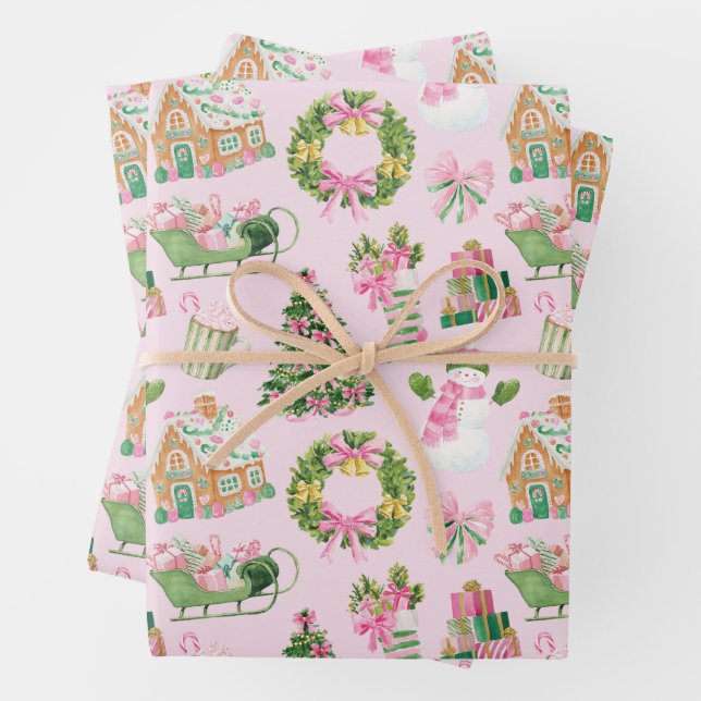 Preppy Pink & Green Christmas Wrapping Paper Sheets (In situ)