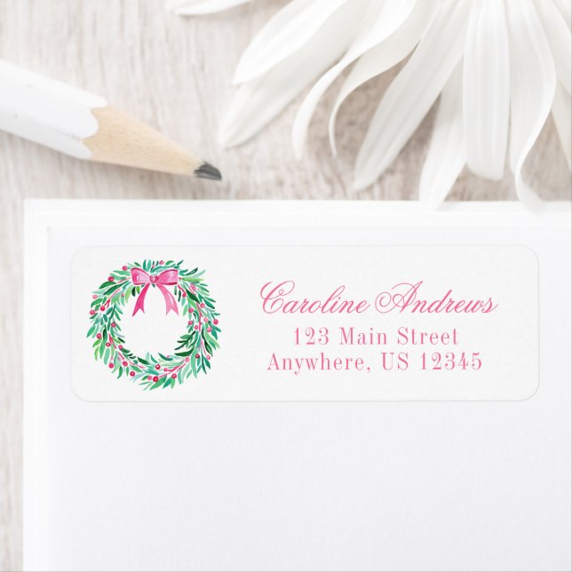 Preppy Pink & Green Christmas Wreath Address Label (Insitu)