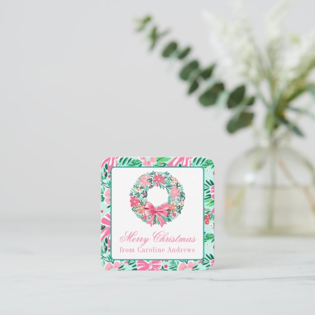Preppy Pink & Green Christmas Wreath Enclosure Note Card (Standing Front)