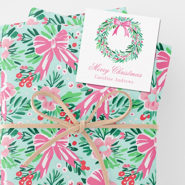 Preppy Pink & Green Christmas Wreath Enclosure Note Card (Creator Uploaded)