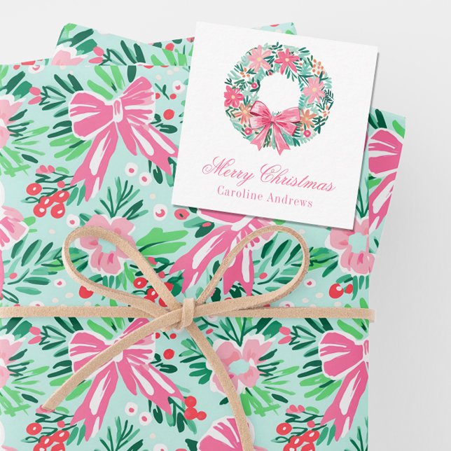 Preppy Pink & Green Christmas Wreath Enclosure Note Card (Creator Uploaded)