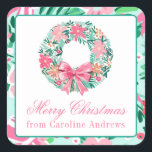 Preppy Pink & Green Christmas Wreath Gift Square Sticker<br><div class="desc">PreppyPrint.com - Celebrate Christmas in style! Add your personalized touch. Transfer this design onto the products of your choice too! Please visit my designer store,  PreppyPrint.com,  for coordinating items.</div>