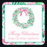 Preppy Pink & Green Christmas Wreath Gift Square Sticker<br><div class="desc">PreppyPrint.com - Celebrate Christmas in style! Add your personalized touch. Transfer this design onto the products of your choice too! Please visit my designer store,  PreppyPrint.com,  for coordinating items.</div>