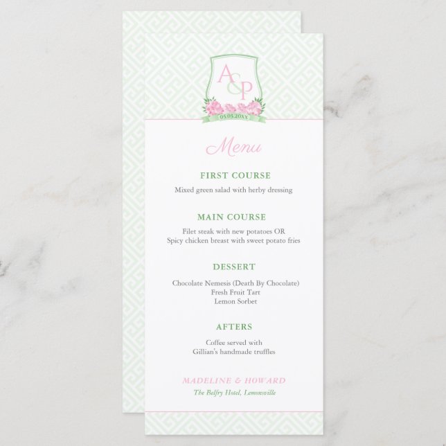 Preppy Pink Green Couples Crest Wedding Shower Menu (Front/Back)