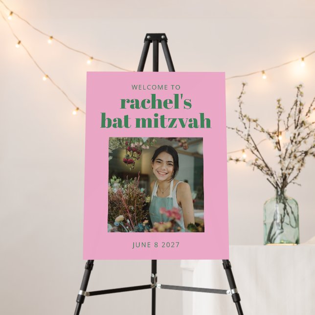 Preppy Pink Green Cute Bat Mitzvah Photo Welcome  Foam Board (In Situ (Stand))