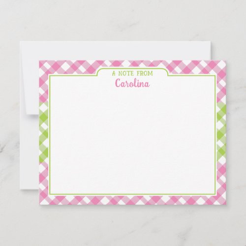 Preppy Pink Green Gingham Girly Stationery Note Card